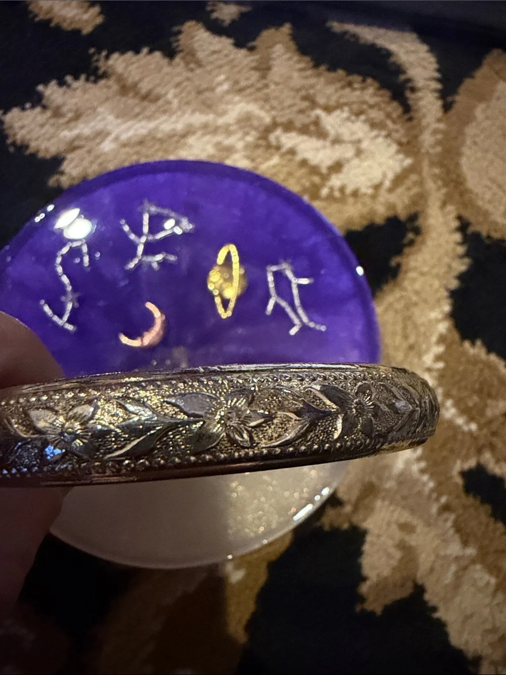 WHITING & DAVIS CO -Ornate Gold-Trimmed Engraved Bangle Bracelet for Women